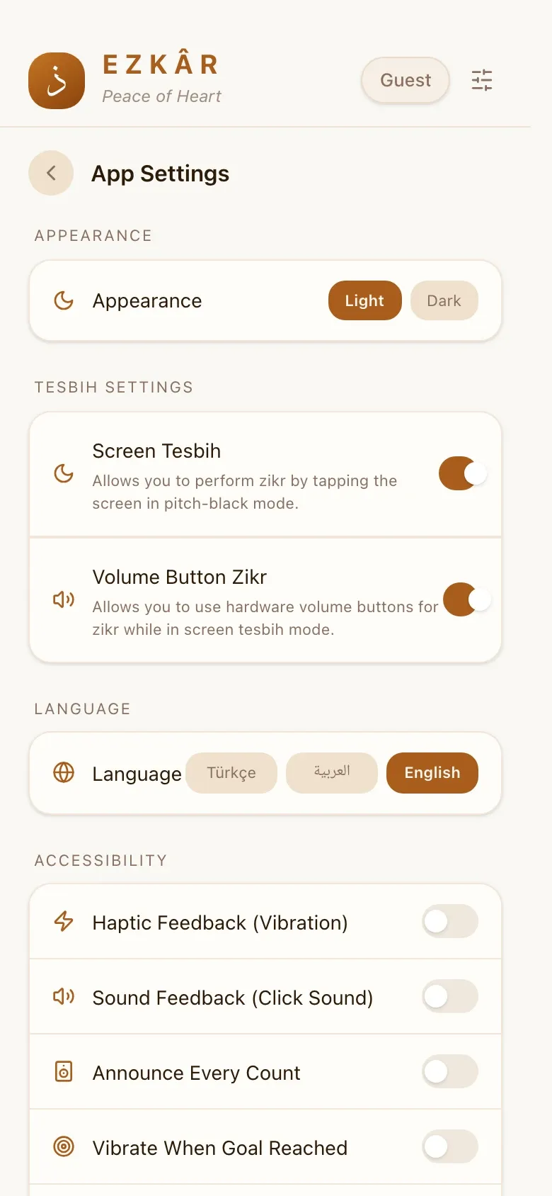 Ezkâr settings screen