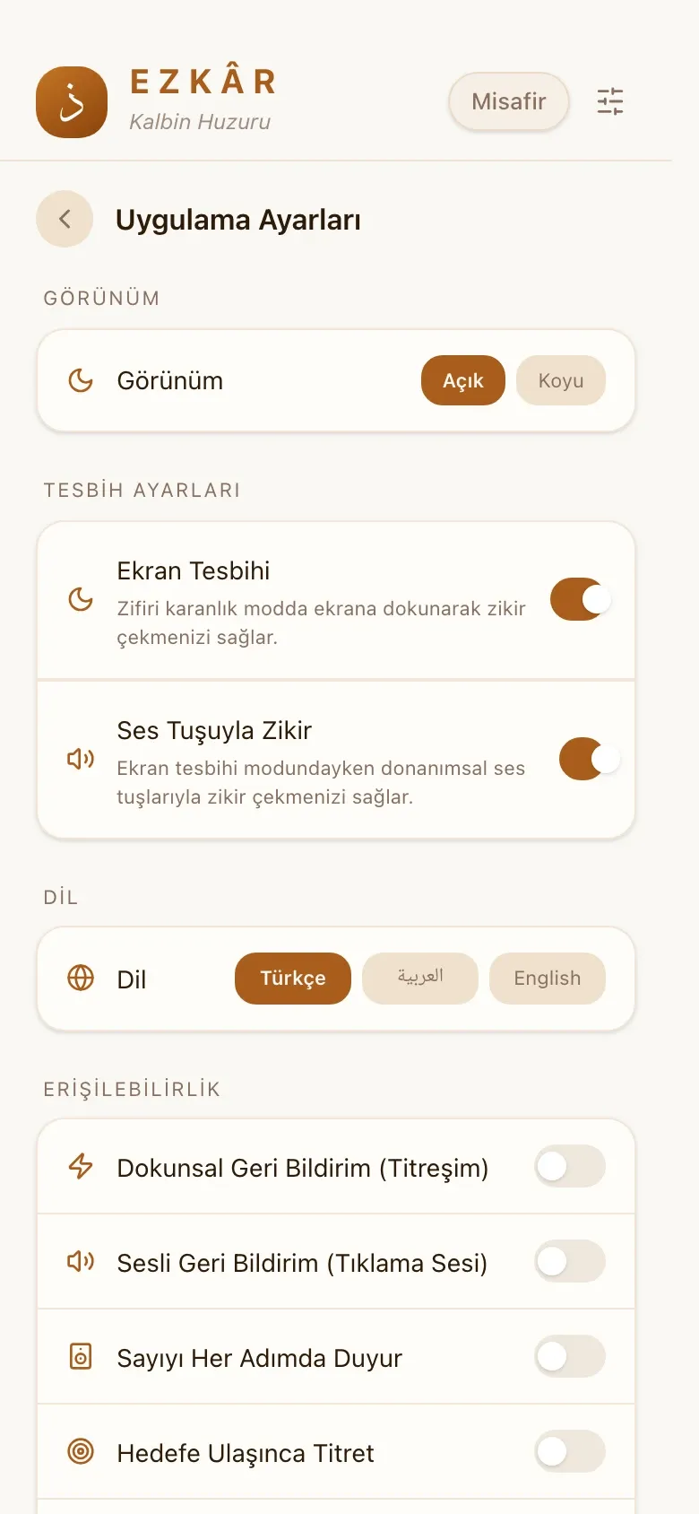 Ezkâr settings screen